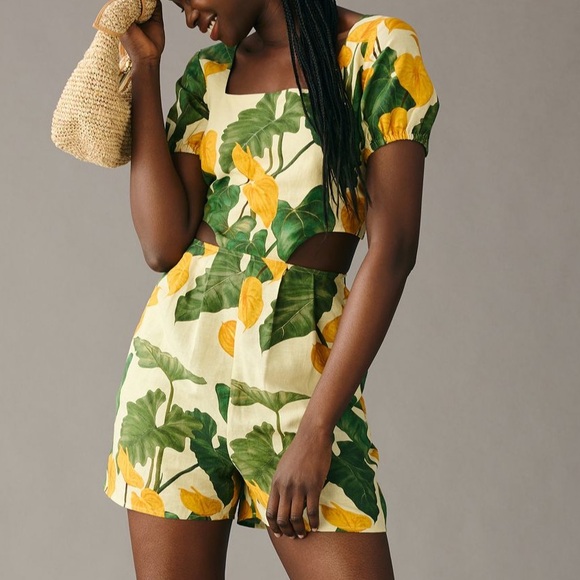 FARM Rio Yellow and Green Leaf Print Cut Out Romper - size large - Picture 1 of 5